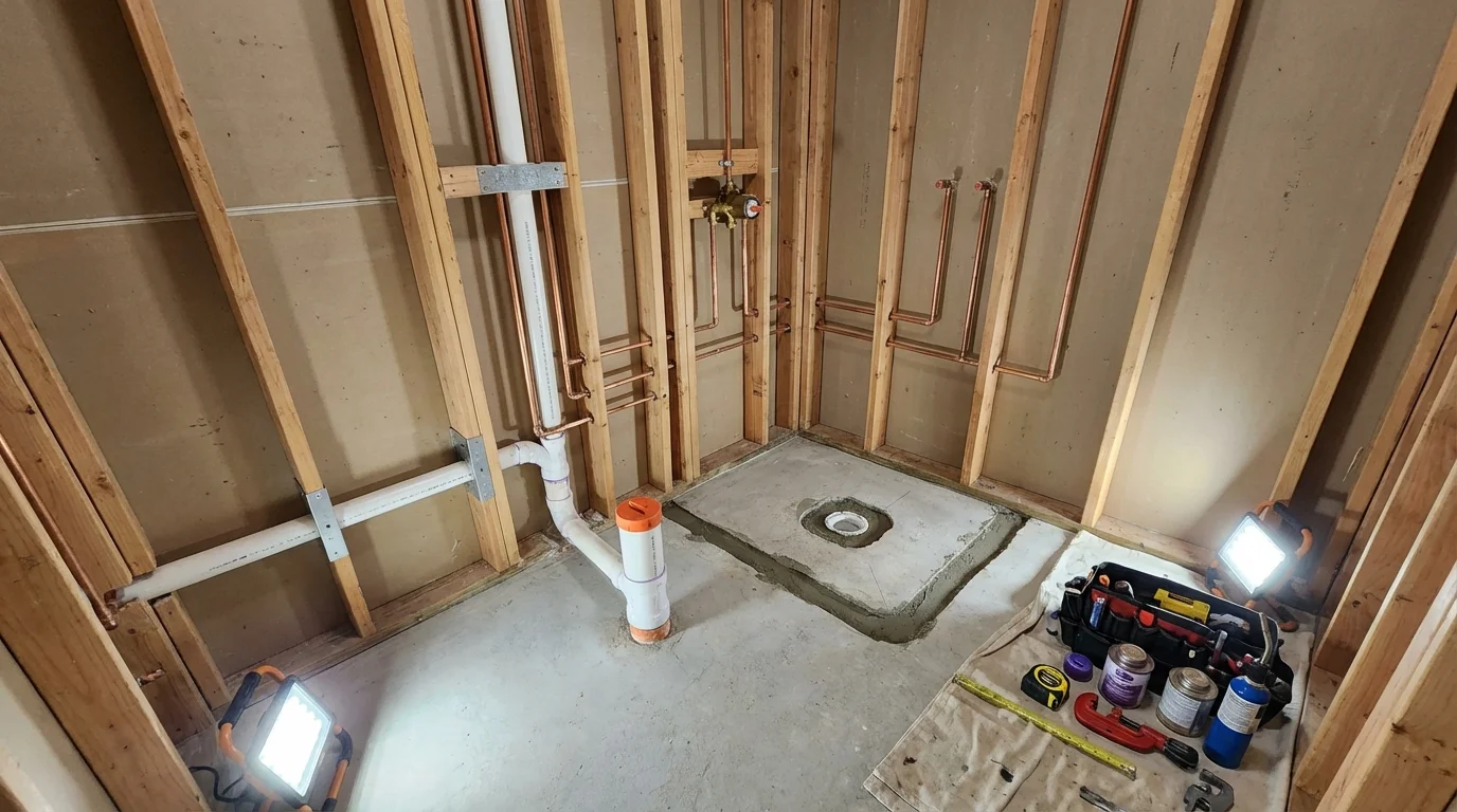 Bathroom rough-in plumbing during remodel by Johns Plumbing LLC in Leonardo