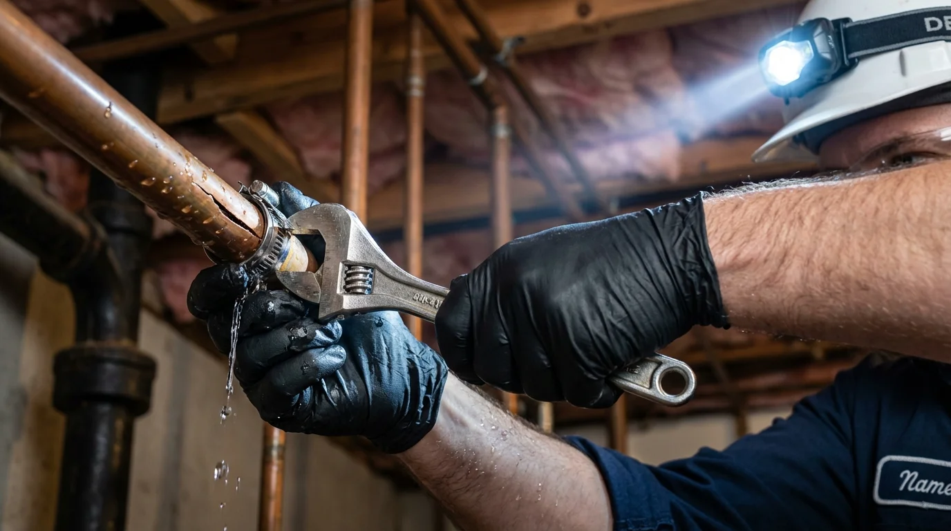 Emergency pipe clamp repair being performed by a Johns Plumbing LLC plumber in Leonardo