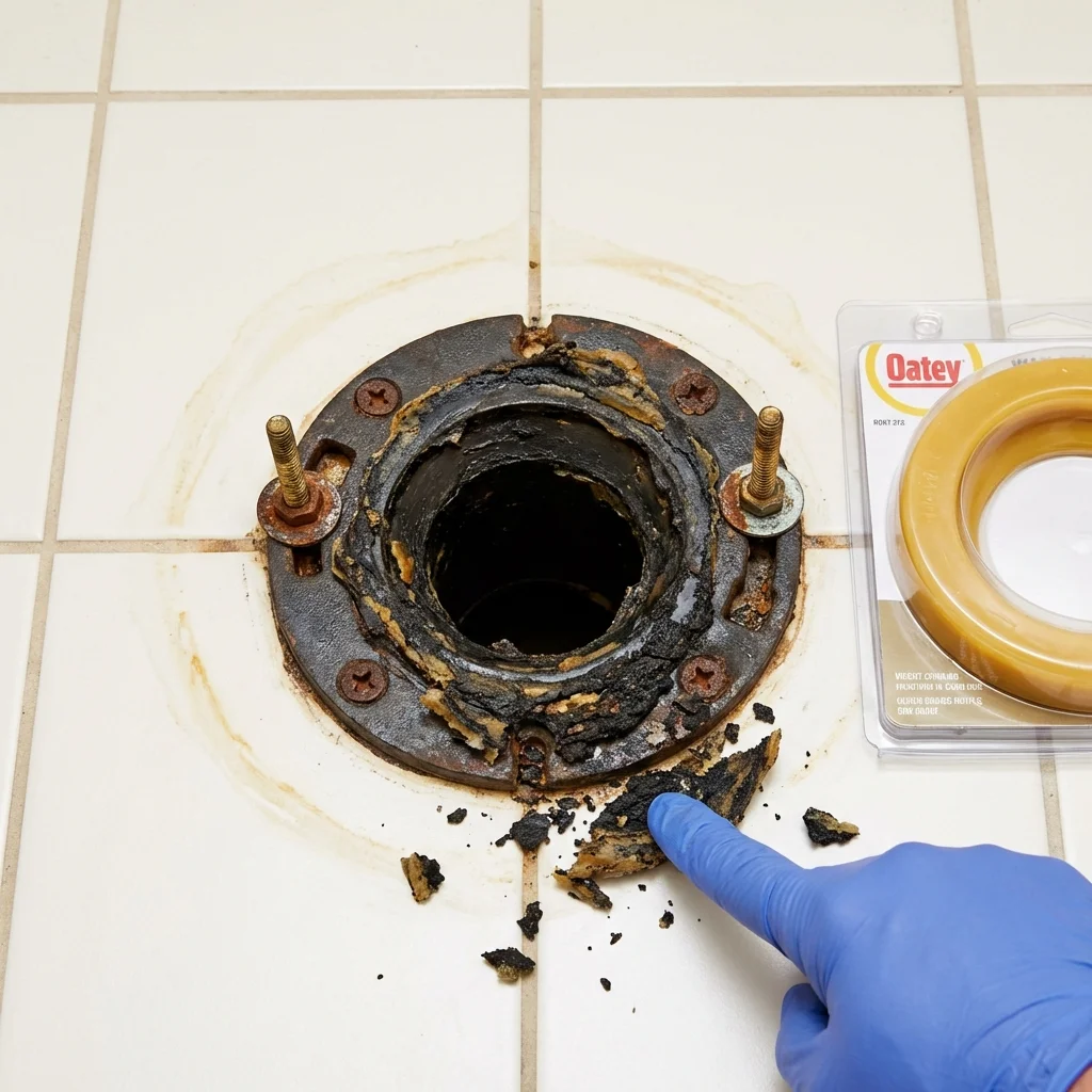 Failed wax ring showing water seepage at the base of a toilet in a Leonardo, NJ home