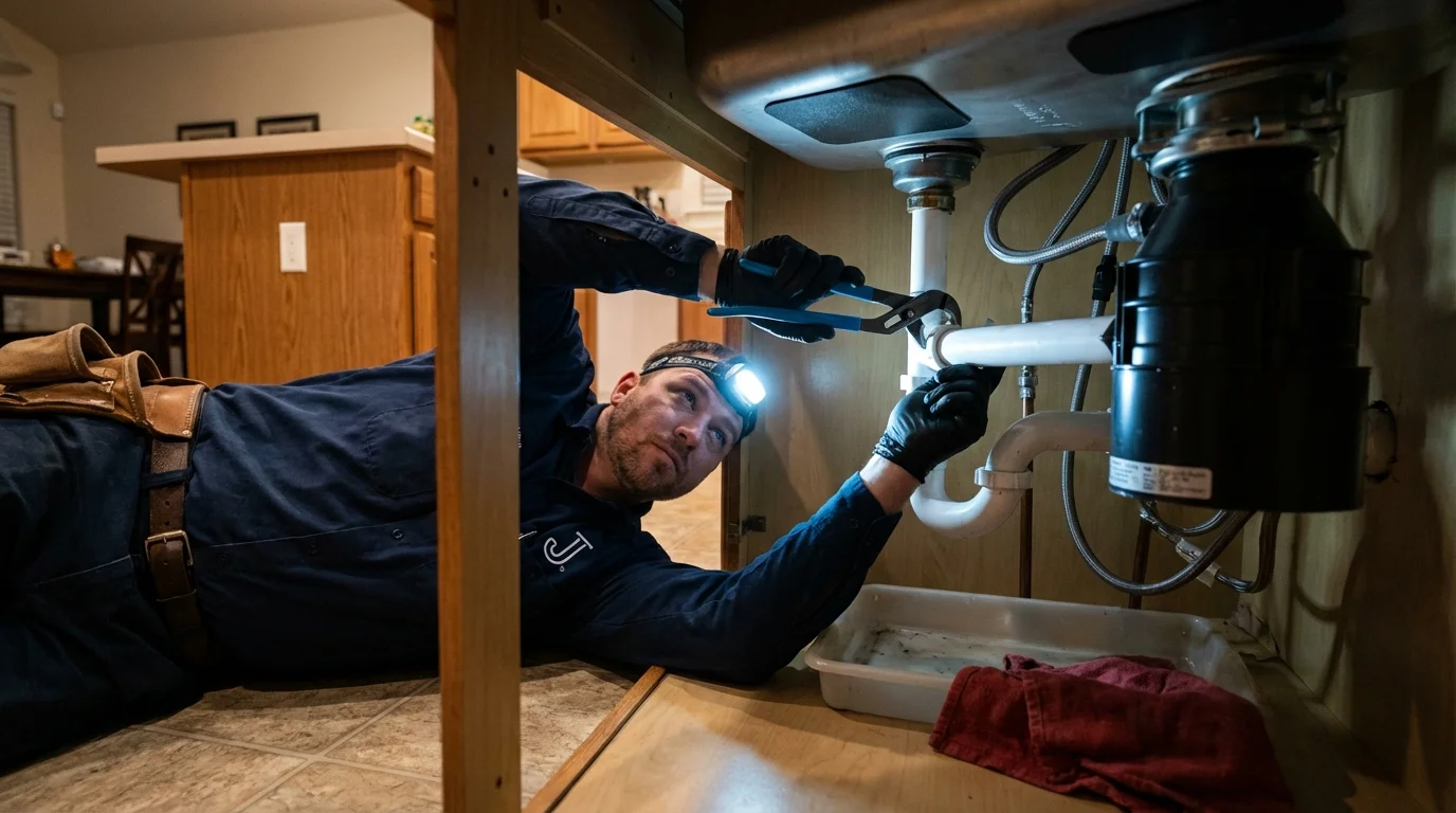 P-trap and supply line connections under a kitchen sink showing a common leak point in Leonardo, NJ